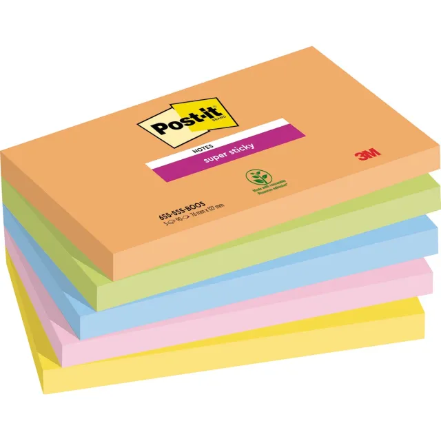 Post-it Super Sticky notes Boost, 90 vel, ft 76 x 127 mm, geassorteerde kleuren, pak van 5 blokken blauw