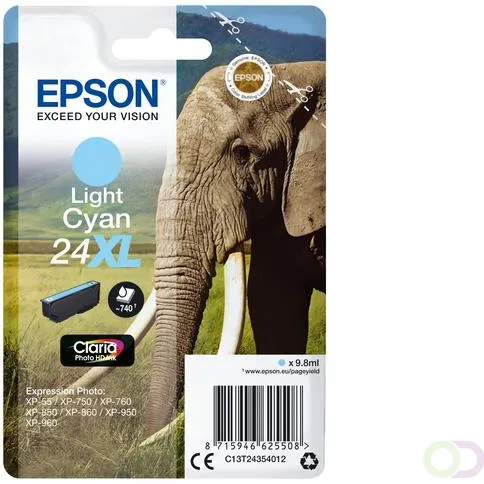 Epson Elephant Singlepack Light Cyan 24XL Claria Photo HD Ink (C13T24354022) Zwart