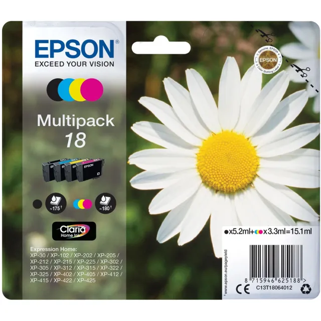 Epson inktcartridge 18, 175 pagina's, OEM C13T18064012, 4 kleuren