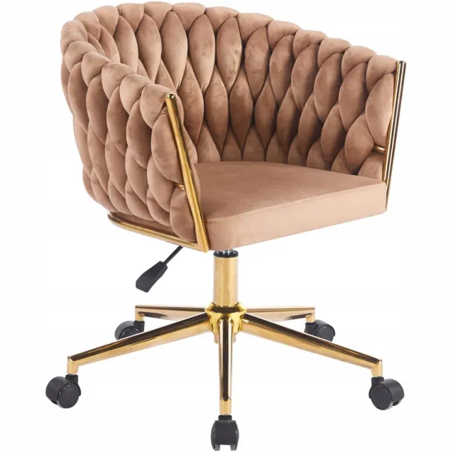 Furnitex Cappuccino - Glamour Bureaustoel - Gevlochten Fluwelen Rugleuning - Gouden Voet - In Hoogte Verstelbaar Cappuccino;Goud;Zwart