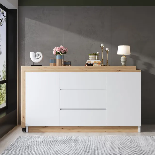 MODFU Bureau - Draaibaar En Inklapbaar - Met Opbergruimte - Wit En Eikenkleur - Spaanplaat - 120 X 50 X 76,5 Cm Eiken+Wit