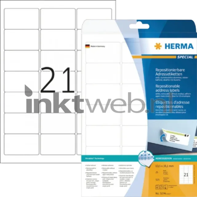 Herma 5074 Verwijderbare Papieretiket 63,5 x 38,1mm wit (Origineel)
