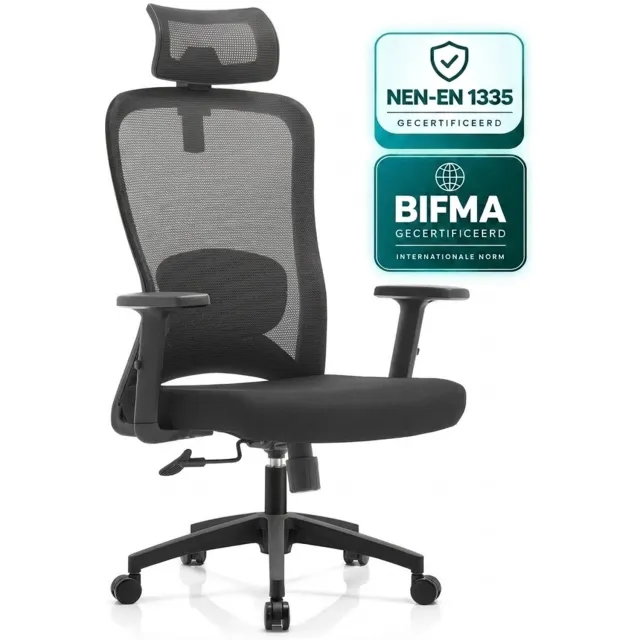 OfficeSense OS140 Ergonomische Bureaustoel – NEN1335 – 2D Hoofdsteun – Kantelbaar – Mesh Rugleuning – Zwart – Volwassenen