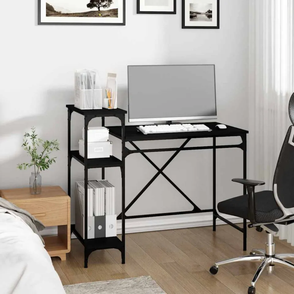 vidaXL Bureau met schappen 105x50x90 cm bewerkt hout en ijzer zwart, foto 3