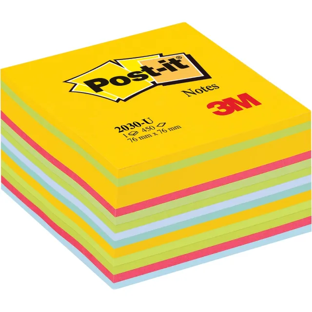 Post-It Notes kubus, 450 vel, ft 76 x 76 mm, geassorteerde kleuren ultra blauw
