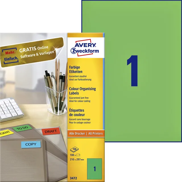 Avery Zweckform Etiket Avery 3472 210x297mm A4 groen 100 stuks