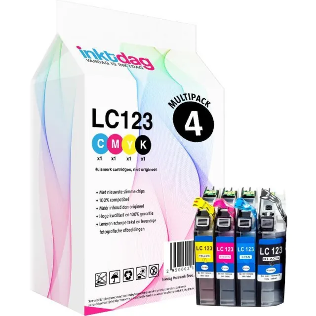 inktdag Brother LC123 brother inktpatronen van 4 Stuks voor Brother DCP-J132W, DCP-J172W, DCP-J152W, DCP-J552DW, DCP-J752DW, DCP-J4110DW, MFC-J4410DW, MFC-J4510DW, MFC-J4610DW, MFC-J470DW, MFC-J4710DW, MFC-J650DW, MFC-J6520DW, MFC-J6720DW 1 x Zwart/ 1 x Cyan/ 1 x Magenta / 1 x Geel