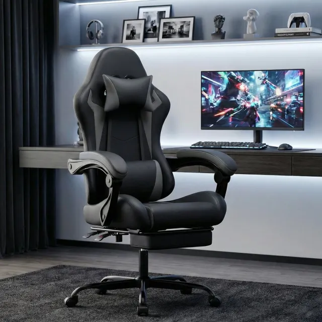 FloraGrace Gamingstoel - Ergonomisch met Hoofdsteun en Lendenkussen - Verstelbare Rugleuning en Voetsteun - Voor Werk en Spel - Kunstleer - Zwart Grijs Black+ Gray