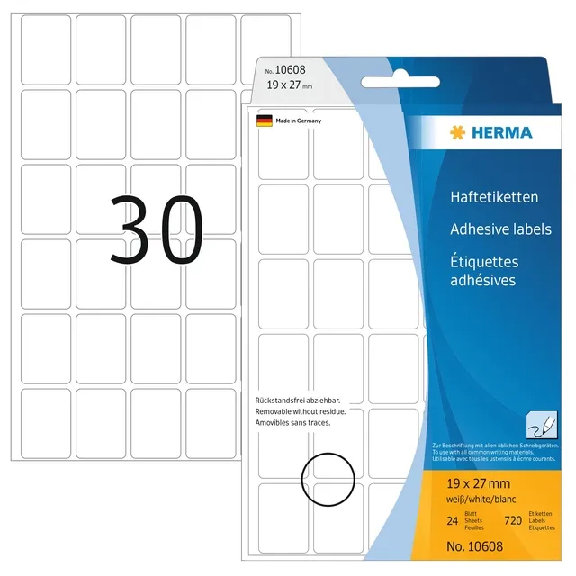 Herma Etiket HERMA 10608 19x27mm verwijderbaar wit 720 stuks