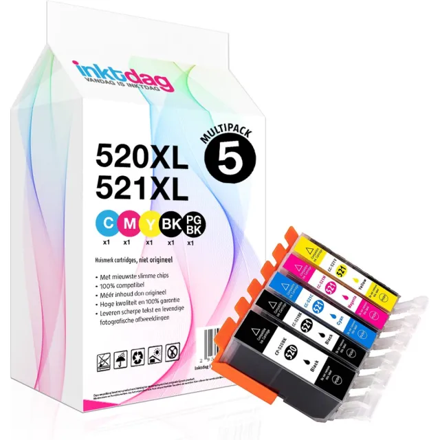 inktdag inktcartridges voor Canon PGI-520xl / CLI-521xl, multipack van 5 stuks voor Pixma iP3600, IP4600, IP4700, MP540, MP5410, MP550, MP560, MP620, MP630, MP640, MP980, MP990, MX860, MX870 1 x Zwart