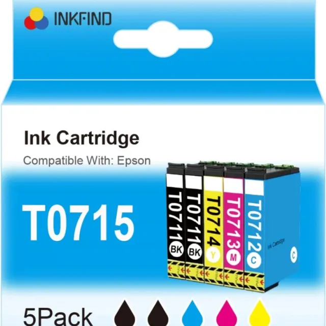 INKFIND T0715 inkt voor Epson711 Epson 711 EpsonT0715 inktcartridge multipack van 5 stuks (2 x Zwart, 1 x C/M/Y) voor Epson Stylus D120, S20, S21, SX100, SX105, SX110, SX115 SX200 SX205 SX210 SX215 SX218 SX400 SX405 SX410 SX415 SX510W SX600FW SX610 Zwart x 2, Cyaan x 1, Magenta x 1, Geel x 1