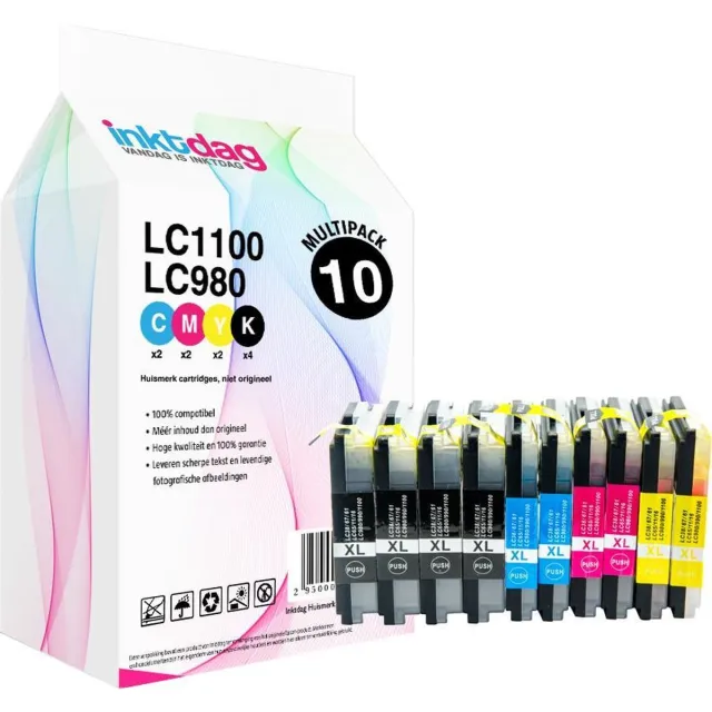 inktdag inktcartridges geschikt voor Brother LC1100 / LC980/LC985 inktcartridges, multipack van 10 stuks (4*zwart, 2*CMY) 4xZwart/2xCyaan /2xMagenta / 2 xGeel