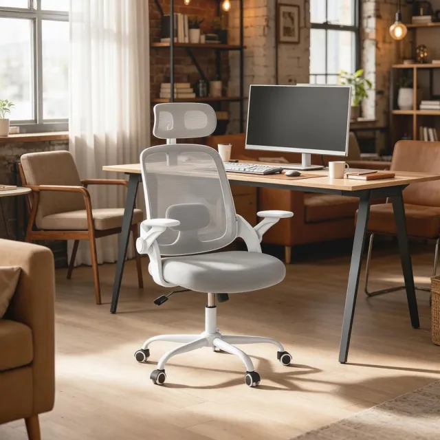 MEUNIQ ergonomische bureaustoel met hoge mesh rugleuning, verstelbare hoofdsteun en armleuningen, kantelfunctie en wielen, lichtgrijs