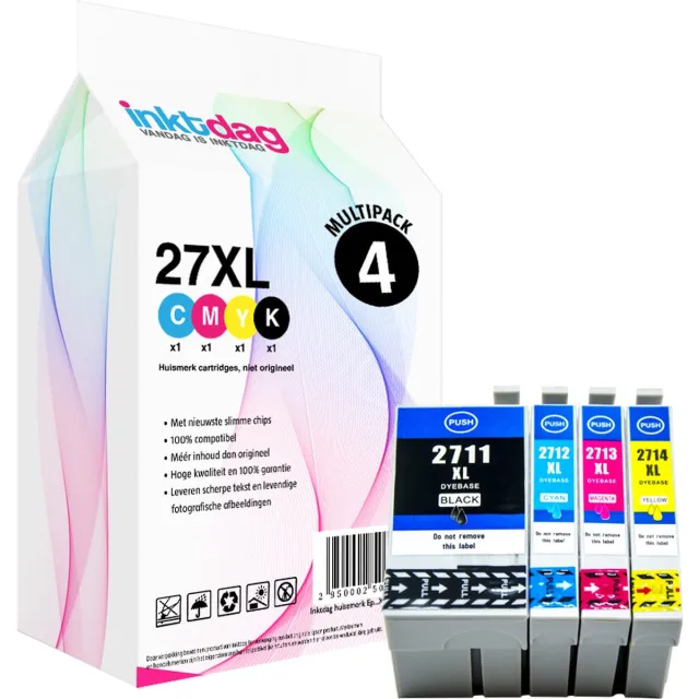 inktdag inktcartridges voor Epson 27XL, multipack van 4 kleuren (1*BK, C, M en Y) voor Epson Workforce WF3620WF, WF3620DWF, WF3640DTWF, WF7110DTW, WF7210DTW, WF7610DWF, WF7615DWF, WF7620DTWF, WF7710DWF, WF7715DWF, WF7720DTWF 1 x zwart ( Epson T2711)