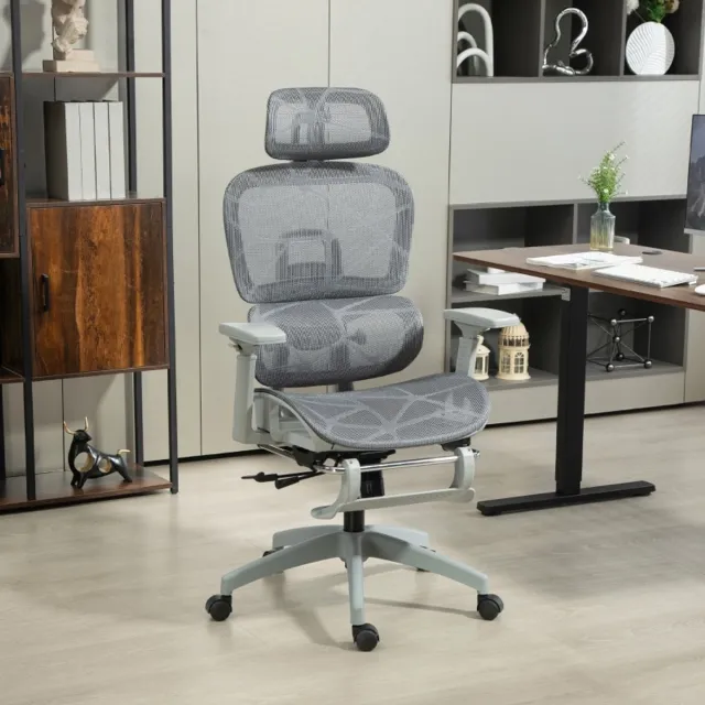 REDOM Ergonomische bureaustoel - Verstelbaar - Met hoofdsteun en uitschuifbare voetsteun - Met wielen - Mesh - Grijs - 66 x 64 x 114-122 cm