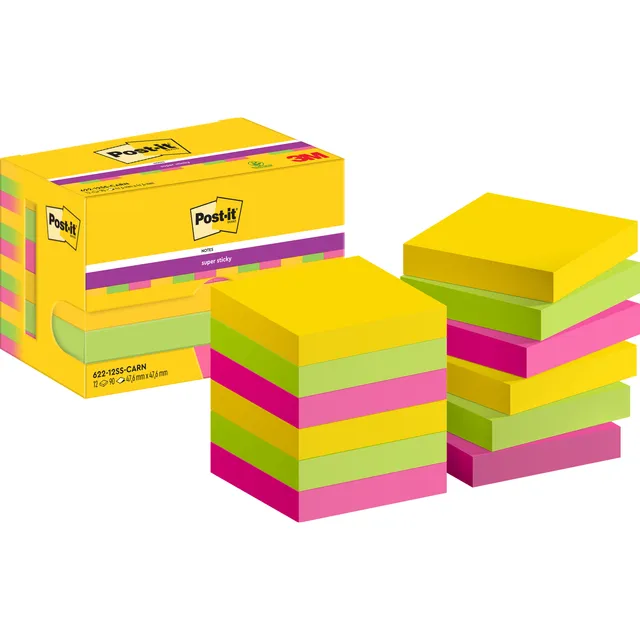 Post-It Memoblok Post-it 622 Super Sticky 47,6x47,6mm Carnival 12 stuks