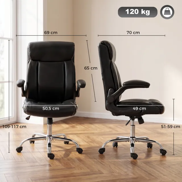 MUVANO Bureaustoel - Kunstleer met hoge rugleuning - Opklapbare armleuningen - 69 x 70 x 109-117 cm - In hoogte verstelbaar met kantelfunctie - Thuiskantoor zwart