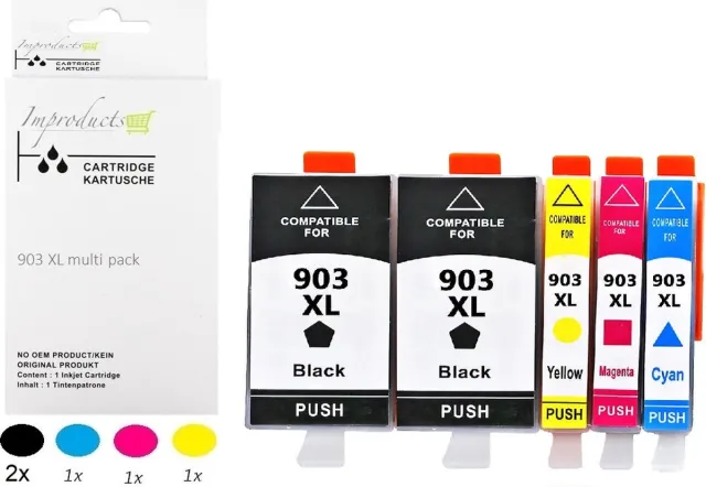 Improducts Inkt cartridges - Alternatief Hp 903 XL 903XL XXL set + zwart Multicolor - Zwart (2x), Cyaan, Magenta, Geel