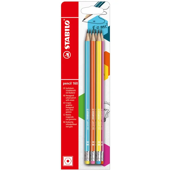 Stabilo Potlood STABILO grafiet 160 HB met gumtop assorti blister à 6 stuks