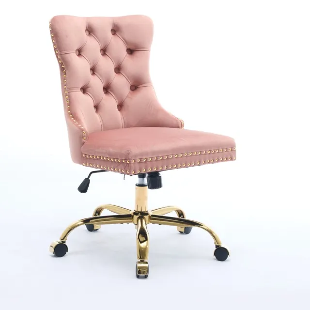 Ropilly Roze Velvet Bureaustoel - Bureaustoel Met Gouden Onderstel - Verstelbaar - Draaibaar - Gecapitonneerde Rugleuning - Thuiskantoor - 63x50x98cm - Roze