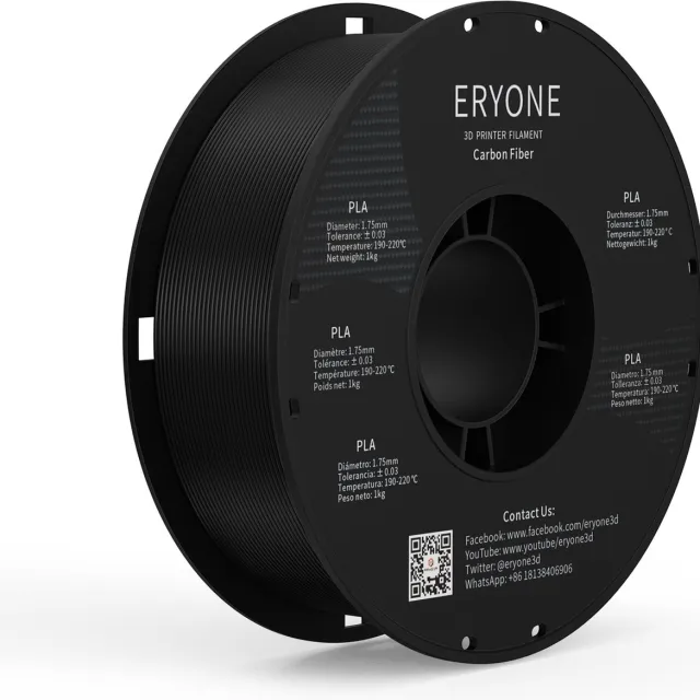 Eryone Carbon Fiber Black - PLA Filament 1.75mm 1Kg - Voor 3D Printer en 3D Pen - Zwart Carbon Fiber zwart