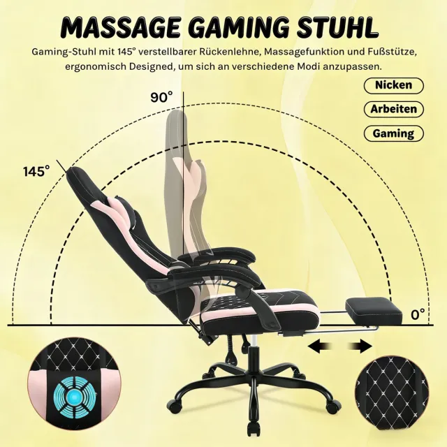 OKWISH Ergonomische Gamerstoel Met Massage Lendensteun - Verstelbare Hoofdsteun En Rugleuning - Voor Thuis Of Kantoor - Mesh En Metaal - Zwart