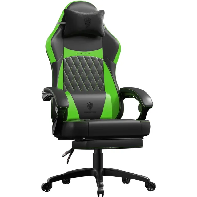 Dowinx Ergonomische Bureaustoel / Gamingstoel – Met Massagefunctie – Met Voetensteun – Voor Thuiswerken En Gamen – Pocketveren Zitkussen – Dubbel gevoerde Rugleuning & Verstelbaar Lendenkussen – Met Armleuningen en Voetensteun – Zwart en groen Zwart-groen