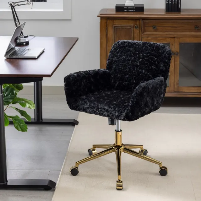 MEUNIQ zwarte bureaustoel met pluche bekleding, verstelbare zithoogte, 360° draaibaar, kantelfunctie, armleuningen en wielen, voor werkplek of kaptafel