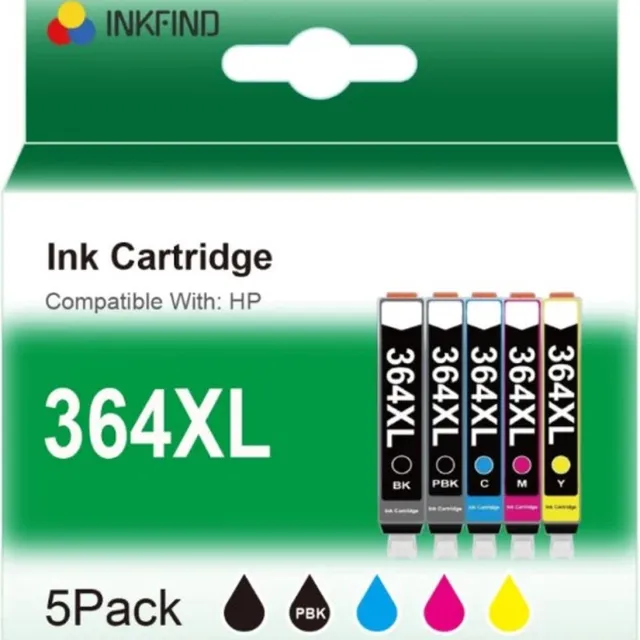 INKFIND 364XL voor HP364XL van 5 stuks (foto Zwart, Zwart, Cyaan, Magenta, Geel); foto Zwart alleen geschikt voor HP 5-kleurenprinters (met PBK), de houder voor fotozwart is dunner dan de zwarte cartridges, HP CB322EE CB321EE CB323EE CB324EE CB325EE foto Zwart x 1, Zwart x 1, Cyaan x 1, Magenta x 1, Geel x 1