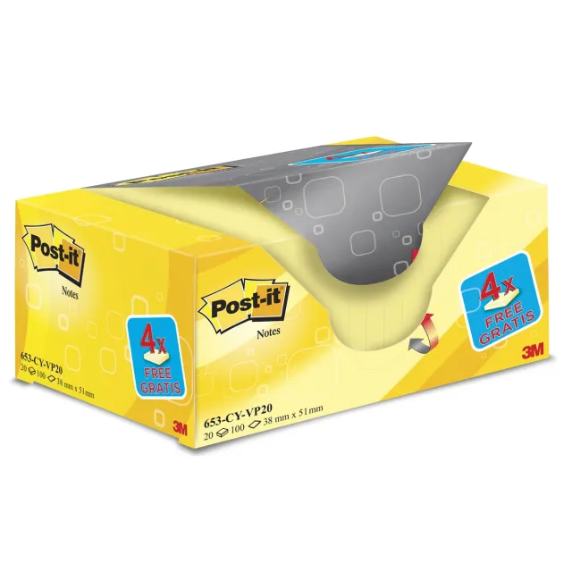 Post-It Notes , ft 38 x 51 mm, geel, blok van 100 vel, pak van 16 + 4 gratis
