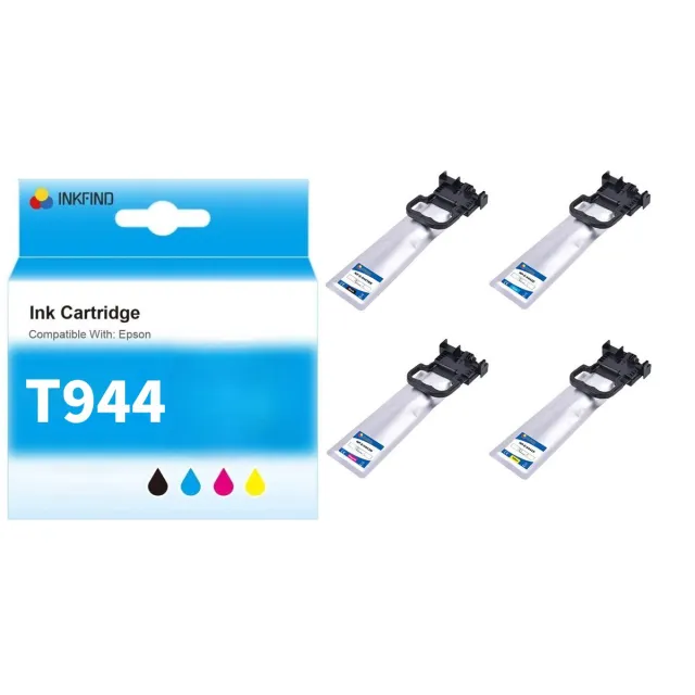 INKFIND T944 Inktcartridge compatibel met Epson T944 (T9441/T9442/T9443/T9444) C13T944140 C13T944240 C13T944340 C13T944440 Hoge Capaciteit 4-pack Zwart*1 en Kleur*3 Geschikt voor Epson WorkForce Pro WF-C5210DW - WF-C5290DW - WF-C5710DWF - WF-C5790DWF Zwart, Cyan, Magenta, Geel
