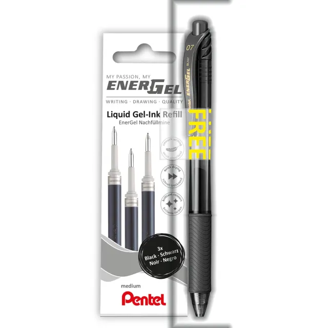 Pentel vulling Energel, 0,7 mm, zwart, 3 stuks + roller