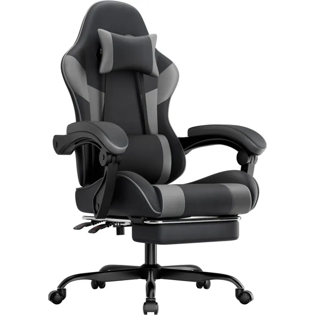 Lemlit Gamingstoel met Voetensteun, Ergonomische Bureaustoel met Lendensteun, Verstelbare Rugleuning en Meebewegende Armleuningen, PVC - Zwart-grijs