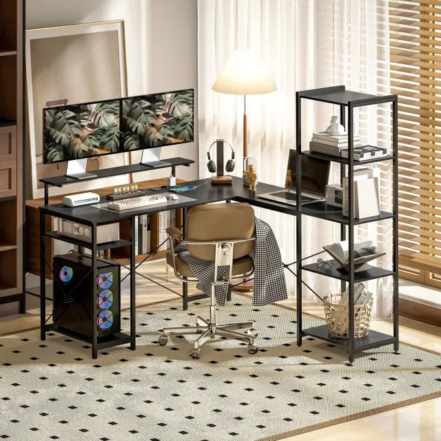 CHICFURN Hoekbureau - geïntegreerd laadstation - L-vormig - zwart