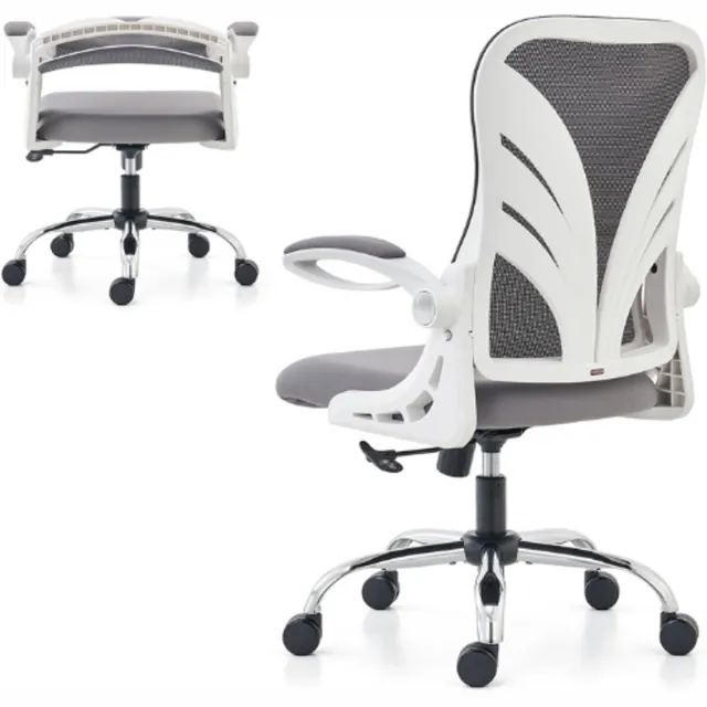 HOLLUDLE Ergonomische bureaustoel met opvouwbare rugleuning, computerbureaustoel met opklapbare armleuningen, mesh lendensteun en kantelfunctie, grote en hoge bureaustoel, wit