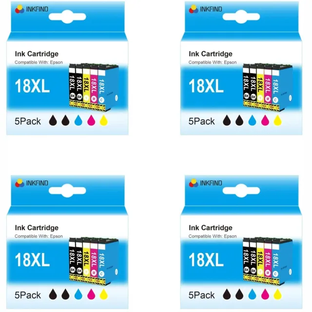 INKFIND 18XL inktcartridge voor Epson 18XL T1811 T1812 T1813 T1814 T1815 inktcartridge multipack 20 stuks (4*5pack=Zwart x 8, Cyaan x 4, Magenta x 4, Geel x 4) voor Epson Expression Home XP202, XP205, XP30, XP302, XP305, XP402, XP405, XP412, XP415