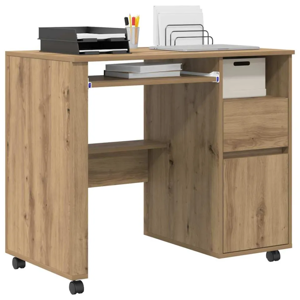 vidaXL Bureau met Wielen Artisan Eiken 91 x 50 x 77 cm Bewerkt hout Bruin