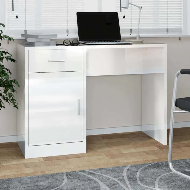 vidaXL Bureau met kast en lade 100x40x73 cm bewerkt hout hoogglans wit, foto 2