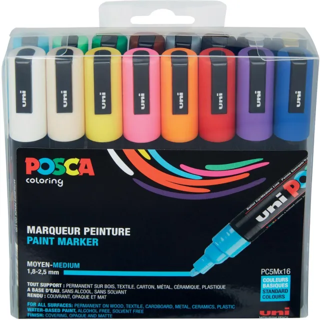 Posca Uni POSCA paintmarker PC-5M, 1,8 - 2,5 mm, etui van 16 stuks in geassorteerde kleuren blauw