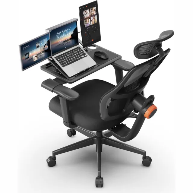 Newtral Ergonomische Bureaustoel – Hoge Rugleuning, Adaptieve Lendensteun, 4D Armleuningen, 96°-136° Kantel, Afneembare Workstation – Zwart Zwart+bureaubladmat