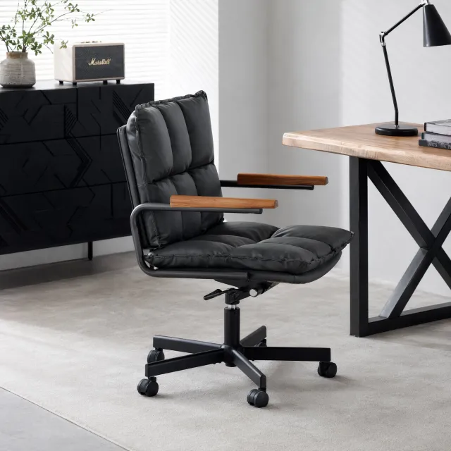 Wishdor Bureaustoel - In hoogte verstelbaar en 360° draaibaar - Met wielen en vaste houten armleuningen - Retro vormgeving voor thuiskantoor en werkplek - Kunstleer en metaal - Zwart - 65 x 46 x 72 cm