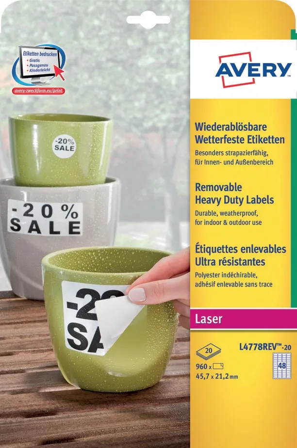 Avery Zweckform Avery afneembare weerbestendige etiketten Ft 45,7 x 21,2 mm (b x h), wit, doos van 960 etiketten