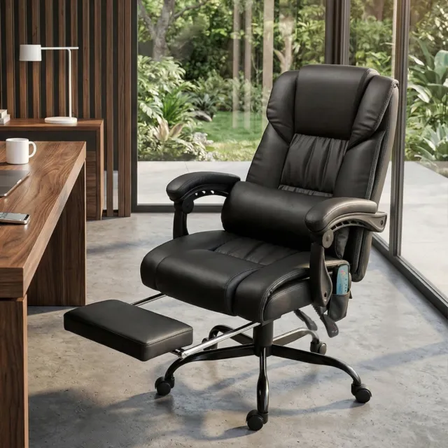 Ergochair Ergonomische bureaustoel met massagefunctie, met voetsteun, hoge rugleuning en lendensteun, zwart Zwart1
