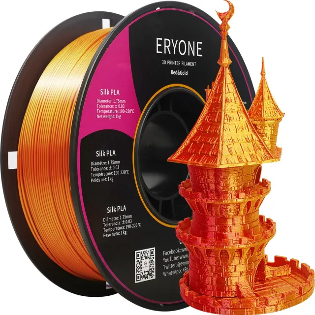 Eryone Duo Silk - Red + Gold - PLA Filament - 1Kg 1,75mm - Voor 3D-printer en 3D-pen - Rood en Goud Silk Red + Gold