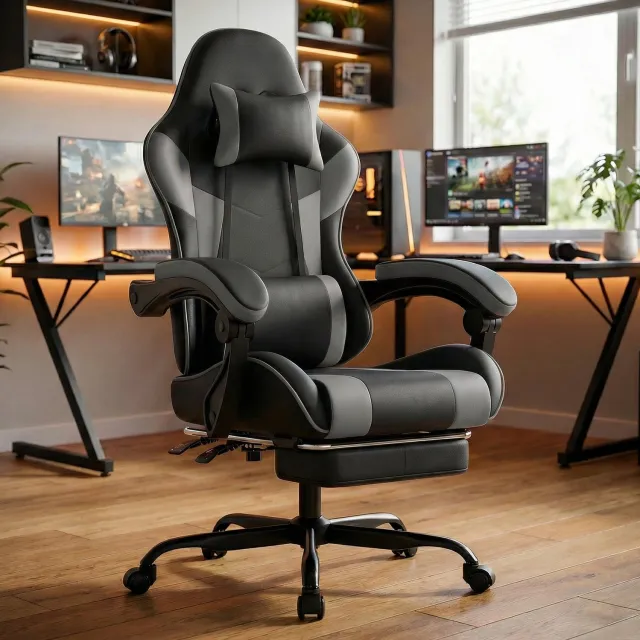 CHICFURN Gamingstoel - Verstelbare rugleuning - PVC kunstleer - Zwart grijs Zwart, grijs
