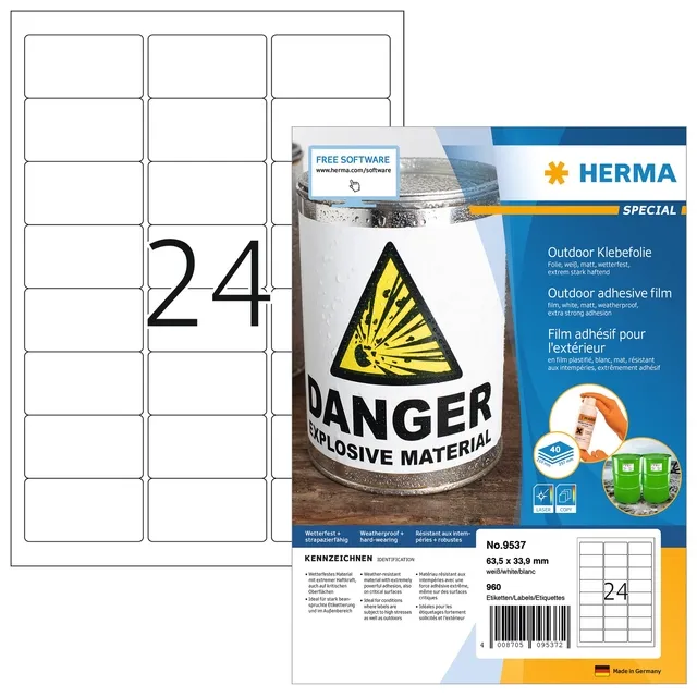 Herma Etiket HERMA 9537 63.5x33.9mm weerbestendig wit 960 stuks