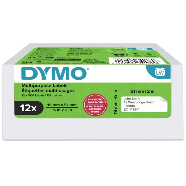 Dymo Etiket Dymo LabelWriter multifunctioneel 19x51mm 12 rollen á 500 stuks wit