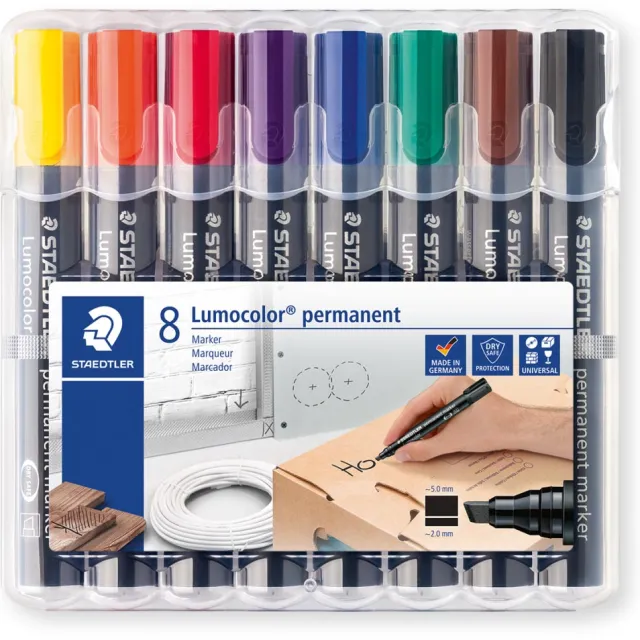 Staedtler Lumocolor 350, permanent marker, schuine punt, 2 - 5 mm, etui van 8 stuks in geassorteerde kleu blauw