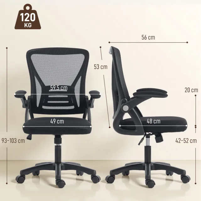MUVANO Ergonomische bureaustoel met lendensteun - Ademende netrug - Opklapbare armleuningen - Zithoogte 42-52 cm - Draaibaar - Voor thuiskantoor en studie zwart