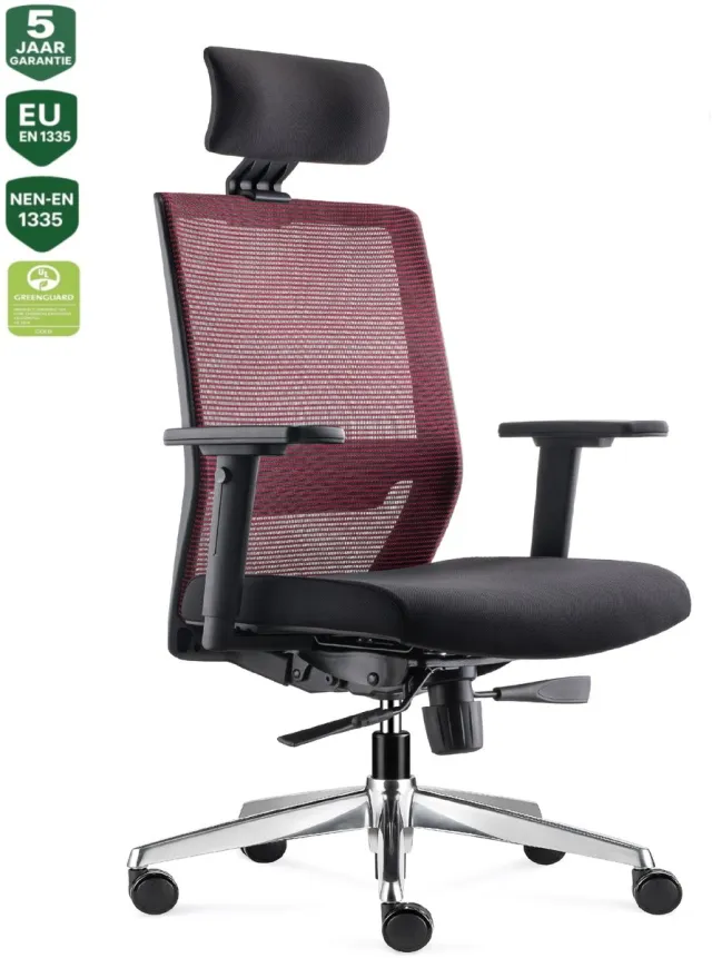 Bens 850H-Ergo-3 Rood - Ergonomische Bureaustoel - Bureaustoelen voor volwassenen - Incl. Hoofdsteun - Kantoorstoel - GREENGUARD GOLD - NEN-EN1335 & ARBO normen Rood/Aluminium incl. hoofdsteun